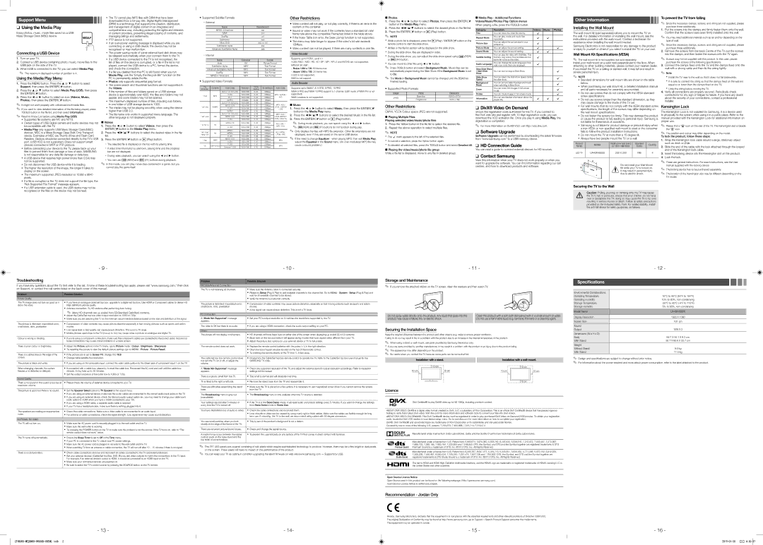 Samsung UA40FH5000RXSK, UA40FH5000RXZN manual Support Menu, Other Information, Specifications 