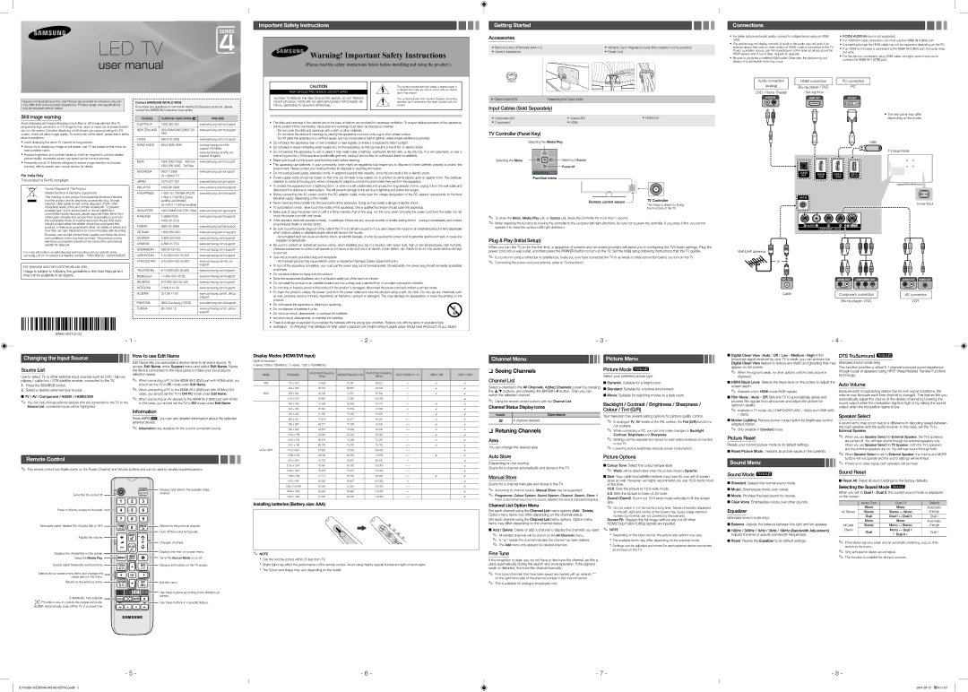 Samsung UA48H4200ARXSK manual Accessories, Still image warning, Input Cables Sold Separately, TV Controller Panel Key 