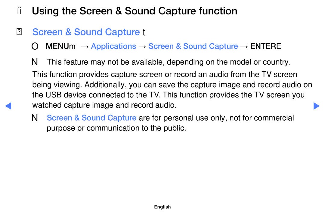 Samsung UA32FH4003WXSQ, UA40H4200AWXSQ, UA40H5003AKXXV Using the Screen & Sound Capture function, Screen & Sound Capture t 