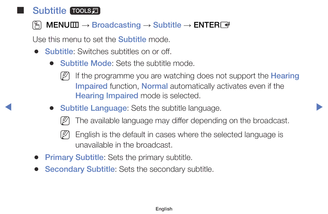 Samsung UA58H5200AWXSQ manual Subtitle t, OO MENUm → Broadcasting → Subtitle → Entere, Hearing Impaired mode is selected 