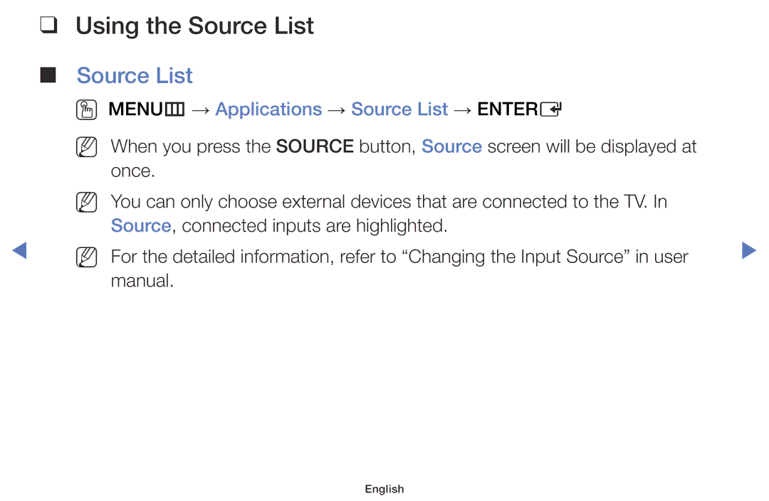 Samsung UA40FH5000WXSQ, UA40H4200AWXSQ manual Using the Source List, OO MENUm → Applications → Source List → Entere 