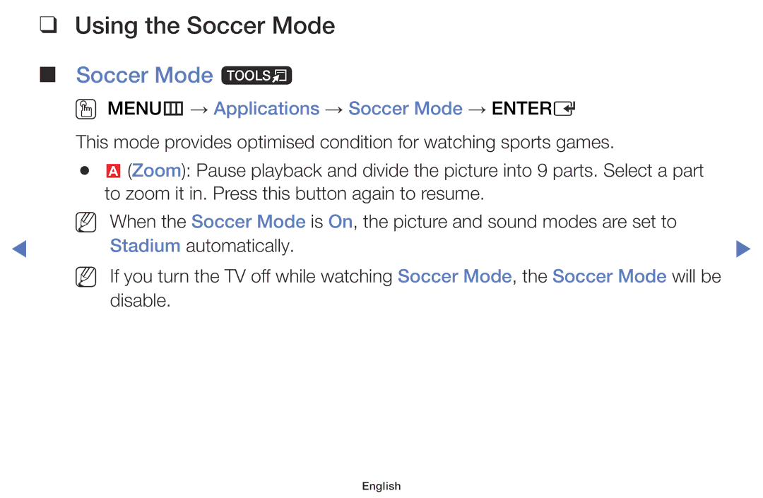 Samsung UA58H5200AWXSQ manual Using the Soccer Mode, Soccer Mode t, OO MENUm → Applications → Soccer Mode → Entere 