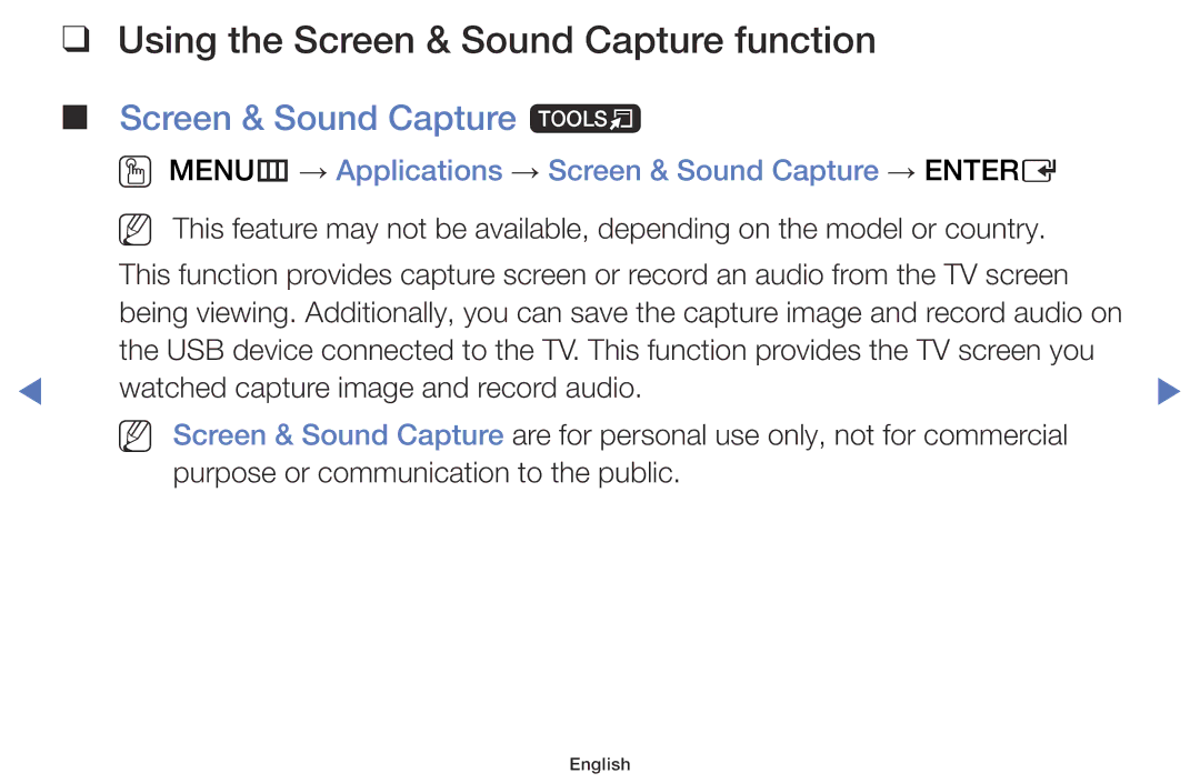 Samsung UA32FH4003WXSQ, UA40H4200AWXSQ, UA40H5003AKXXV Using the Screen & Sound Capture function, Screen & Sound Capture t 