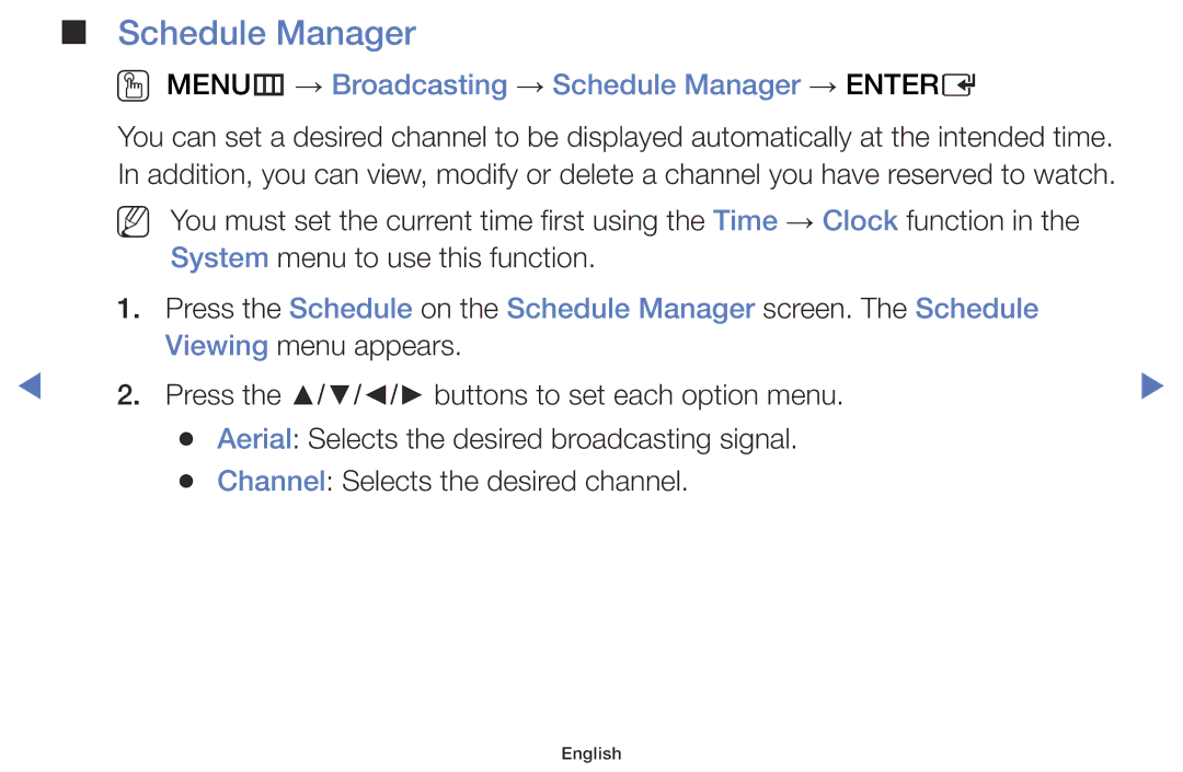 Samsung UA40H5003AKXXV, UA40H4200AWXSQ, UA48H5003AKXXV manual OO MENUm → Broadcasting → Schedule Manager → Entere 