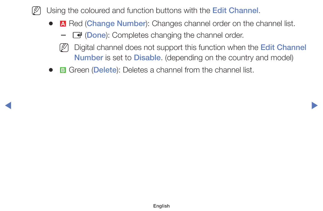 Samsung UA40H4200AKXXV, UA40H4200AWXSQ, UA40H5003AKXXV, UA48H5003AKXXV Green Delete Deletes a channel from the channel list 