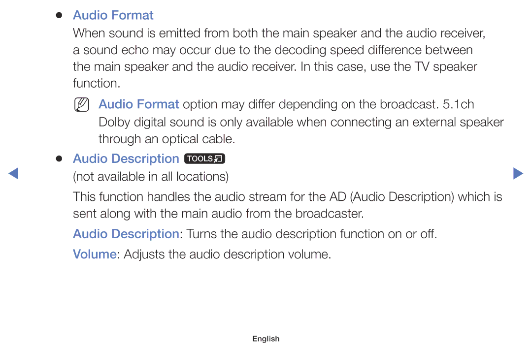 Samsung UA40H4200AWXSQ, UA40H5003AKXXV, UA48H5003AKXXV, UA32FH4003KXXV, UA40H4200AKXXV manual Audio Format, Audio Description t 