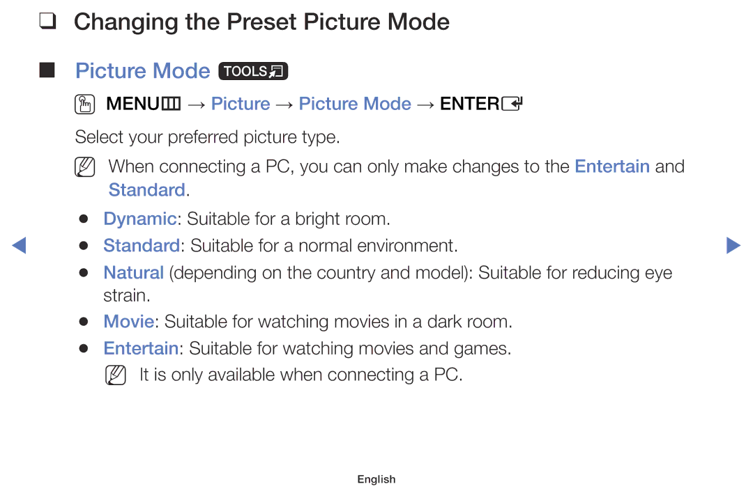 Samsung UA48H5003AKXXV manual Changing the Preset Picture Mode, Picture Mode t, OO MENUm → Picture → Picture Mode → Entere 