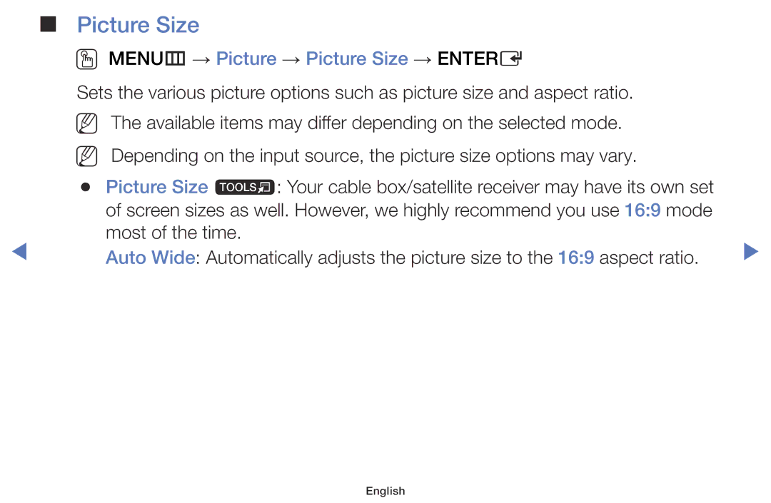 Samsung UA40H4200AKXXV, UA40H4200AWXSQ, UA40H5003AKXXV, UA48H5003AKXXV manual OO MENUm → Picture → Picture Size → Entere 