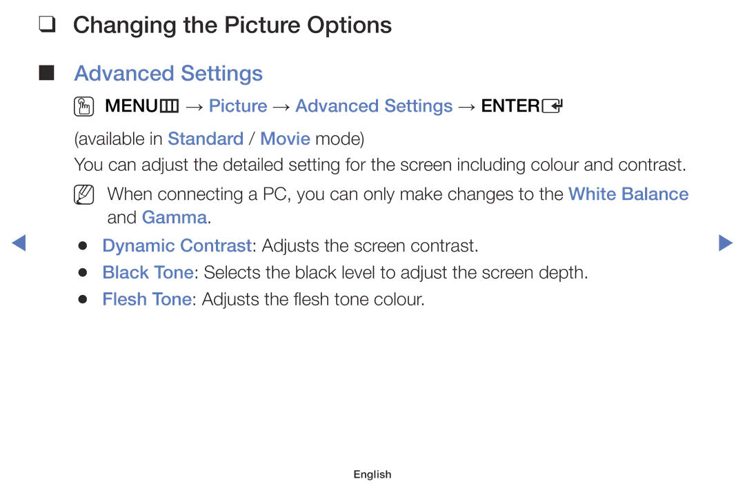 Samsung UA40H5003AKXXV, UA40H4200AWXSQ Changing the Picture Options, OO MENUm → Picture → Advanced Settings → Entere 