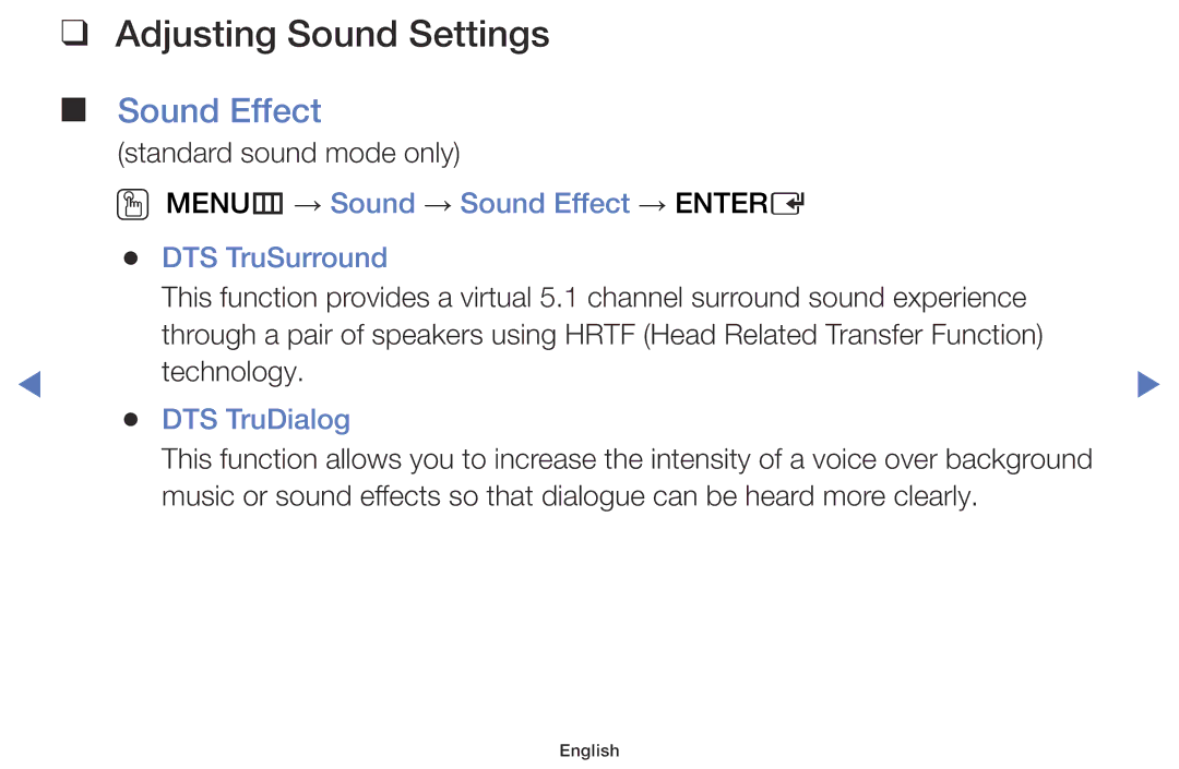 Samsung UA40H5003AKXXV manual Adjusting Sound Settings, OO MENUm → Sound → Sound Effect → Entere DTS TruSurround 