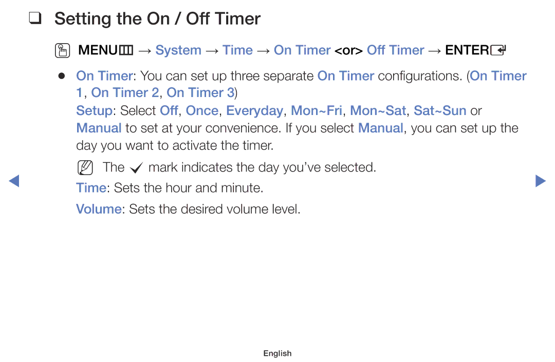 Samsung UA48H4200AKXXV manual Setting the On / Off Timer, OO MENUm → System → Time → On Timer or Off Timer → Entere 