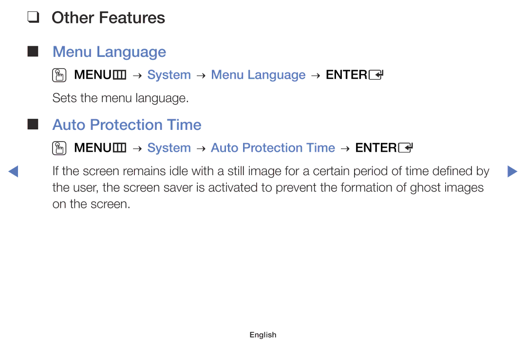 Samsung UA48H5003AKXXV, UA40H4200AWXSQ, UA40H5003AKXXV Auto Protection Time, OO MENUm → System → Menu Language → Entere 