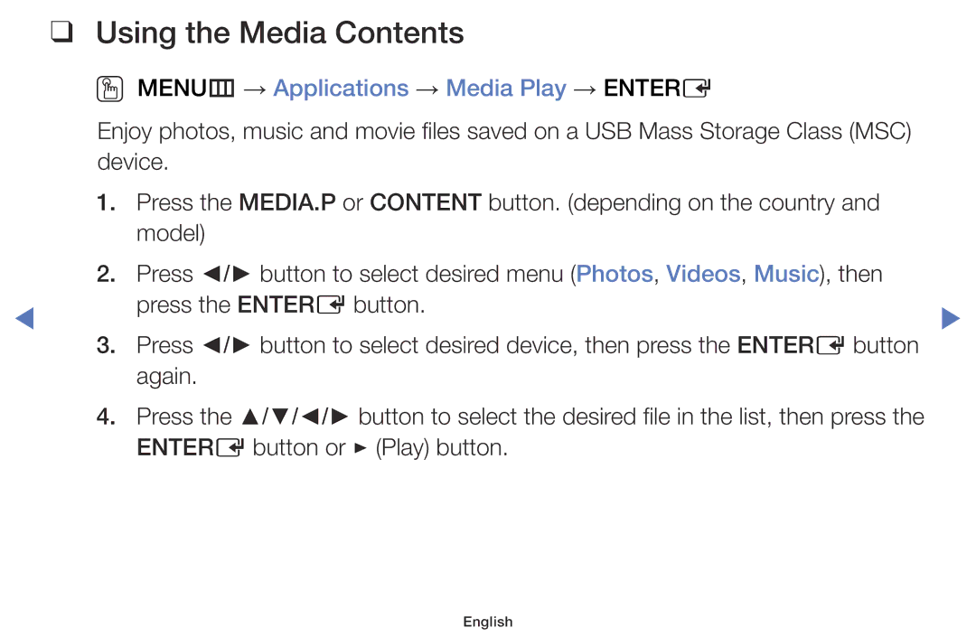 Samsung UA48H4200AWXSQ, UA40H4200AWXSQ, UA40H5003AKXXV, UA48H5003AKXXV, UA32FH4003KXXV manual Using the Media Contents 