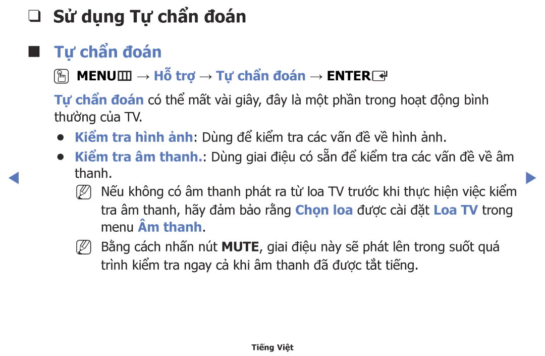 Samsung UA48H5003AKXXV, UA40H5003AKXXV Sử dụng Tự̣ chẩn đoán, OOMENUm → Hỗ trợ → Tự̣ chẩn đoán → Entere, Menu Âm thanh 