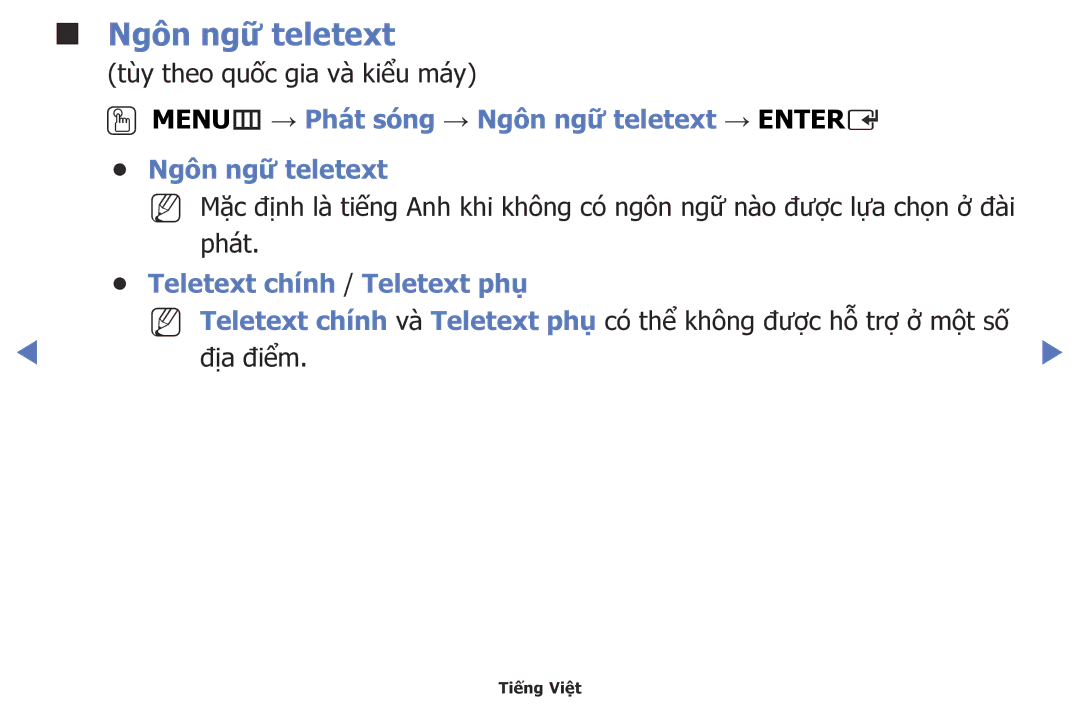 Samsung UA48H5003AKXXV manual OOMENUm → Phát sóng → Ngôn ngữ teletext → Entere, Teletext chính / Teletext phụ 