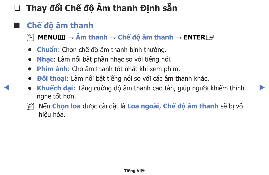 Samsung UA40H5003AKXXV Thay đổi Chế độ Âm thanh Định sẵn Chế độ âm thanh, OOMENUm → Âm thanh → Chế độ âm thanh → Entere 