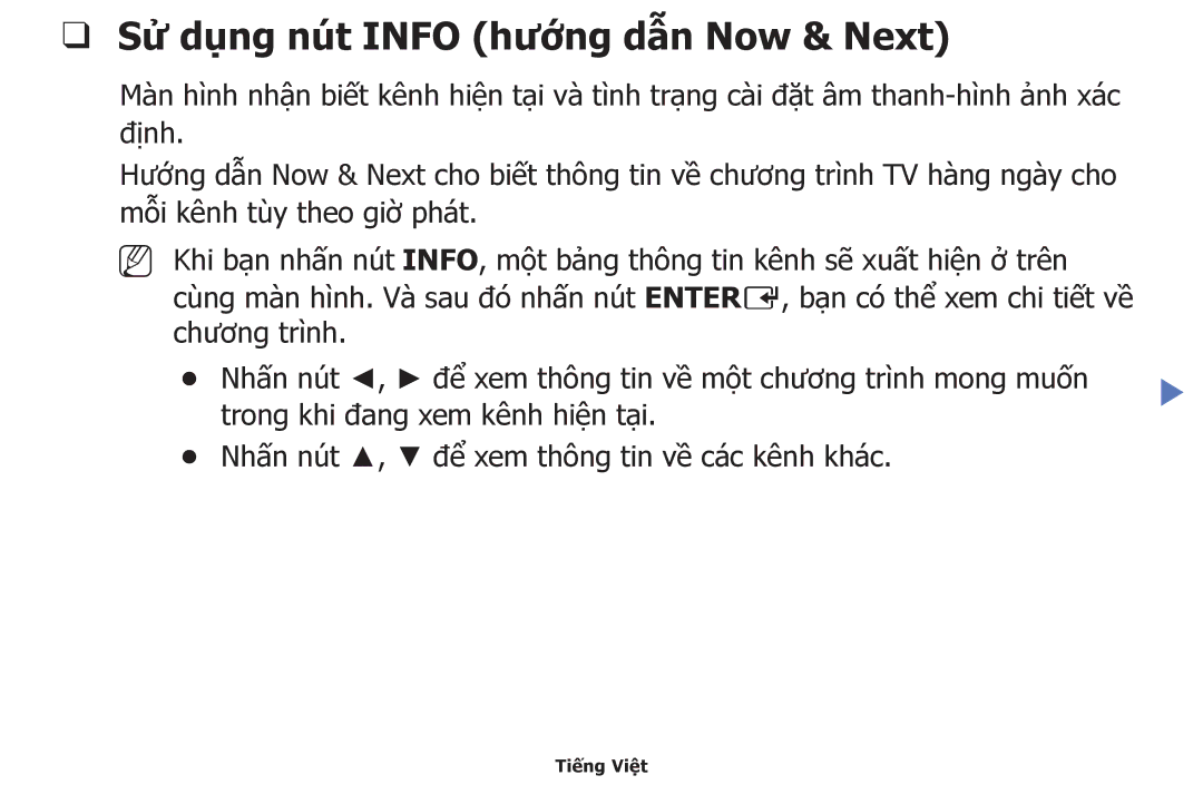 Samsung UA32H4100AKXXV, UA40H5150AKXXV, UA32H4100ARXXV, UA48H5100AKXXV manual Sử dụng nút Info hướng dẫn Now & Next 