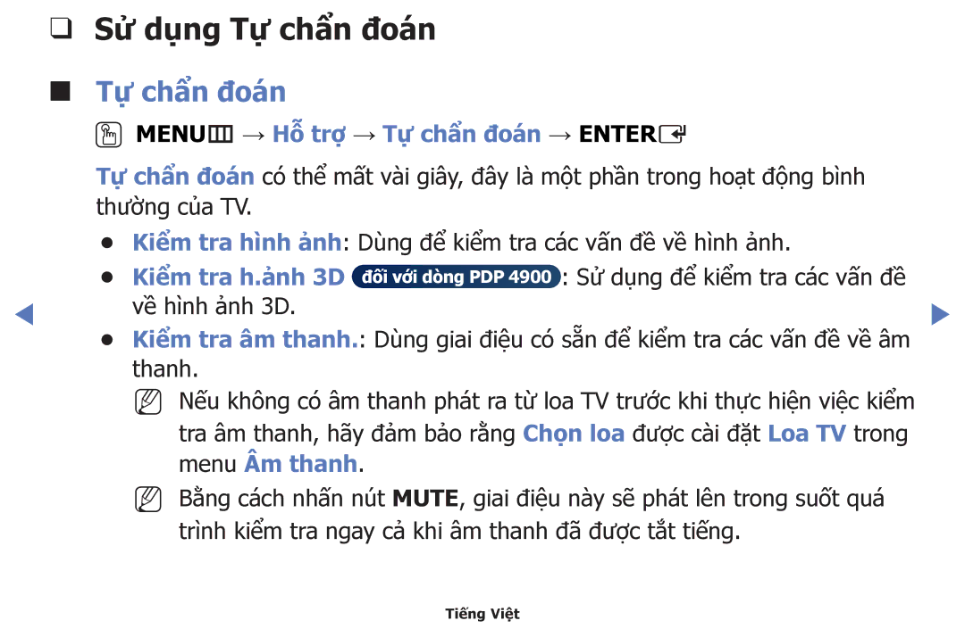 Samsung UA48H5100AKXXV manual Sử dụng Tự̣ chẩn đoán, OOMENUm → Hỗ trợ → Tự̣ chẩn đoán → Entere, Kiêm tra h.anh 3D 