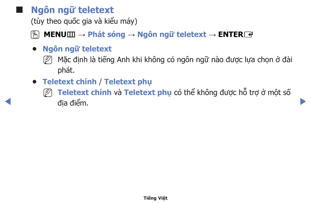 Samsung UA48H5150AKXXV manual OOMENUm → Phát sóng → Ngôn ngữ teletext → Entere, Teletext chính / Teletext phụ 