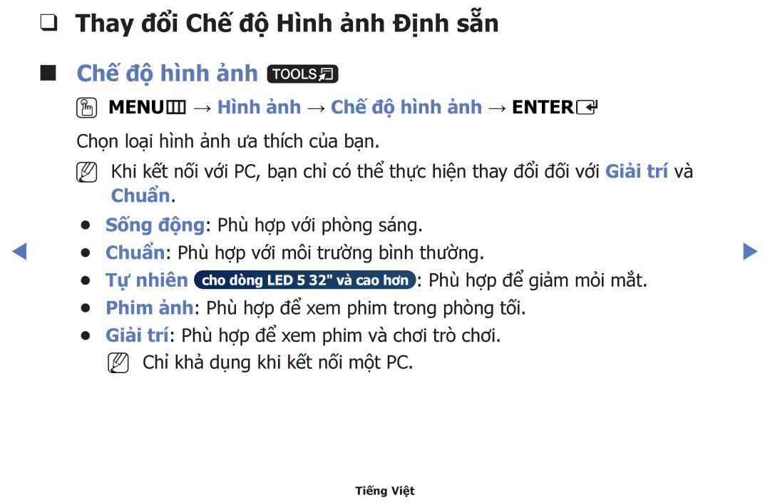 Samsung UA40H5100AKXXV, UA40H5150AKXXV, UA32H4100AKXXV manual Thay đổi Chế độ̣ Hình ảnh Định sẵn, Chế độ̣ hình ảnh t 