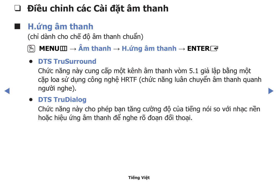 Samsung UA48H5150AKXXV, UA40H5150AKXXV, UA32H4100AKXXV manual Điều chỉnh các Cài đặ̣t âm thanh H.ứng âm thanh, DTS TruDialog 