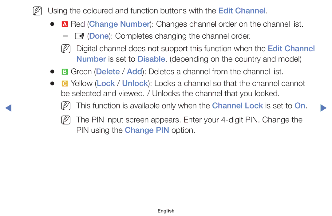 Samsung UA48H5100AWXSQ, UA40H5150AKXXV, UA32H4100AKXXV manual Green Delete / Add Deletes a channel from the channel list 