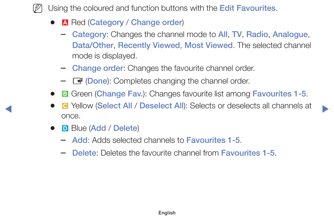 Samsung UA48H5100AKXXV, UA40H5150AKXXV, UA32H4100AKXXV, UA32H4100ARXXV manual Red Category / Change order, Blue Add / Delete 