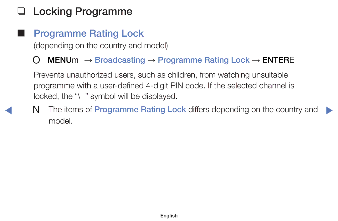 Samsung UA40H5100AKXXV manual Locking Programme, OO MENUm → Broadcasting → Programme Rating Lock → Entere, Model 