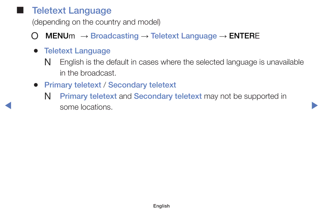 Samsung UA48H5100AKXXV, UA40H5150AKXXV manual OO MENUm → Broadcasting → Teletext Language → Entere, Some locations 