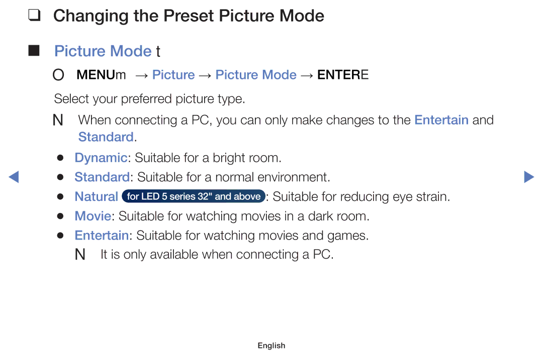 Samsung UA48H5150AKXXV manual Changing the Preset Picture Mode, Picture Mode t, OO MENUm → Picture → Picture Mode → Entere 