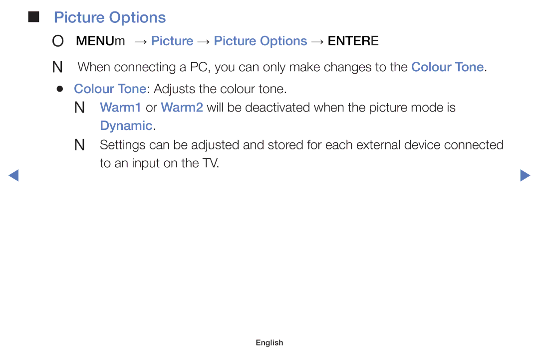 Samsung UA40H5142AKXXV, UA40H5150AKXXV OO MENUm → Picture → Picture Options → Entere, Dynamic, To an input on the TV 