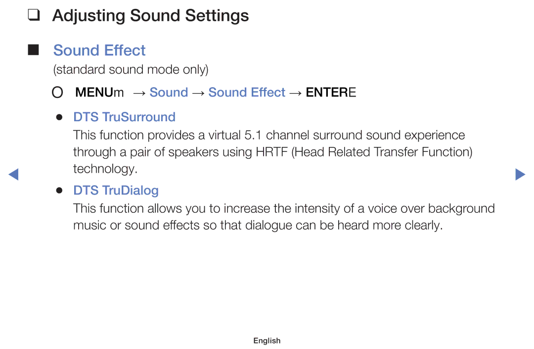 Samsung UA32H4100ARXXV, UA40H5150AKXXV Adjusting Sound Settings, Sound Effect, Standard sound mode only, DTS TruDialog 