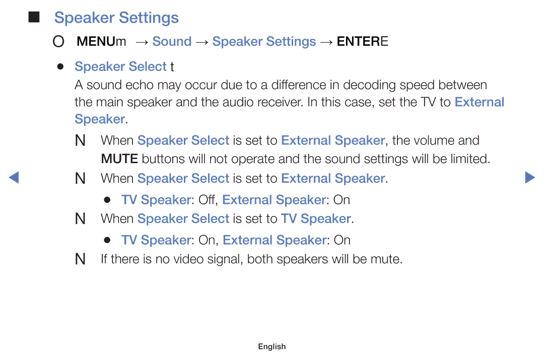 Samsung UA40H5100AKXXV, UA40H5150AKXXV manual Speaker Settings, NN If there is no video signal, both speakers will be mute 