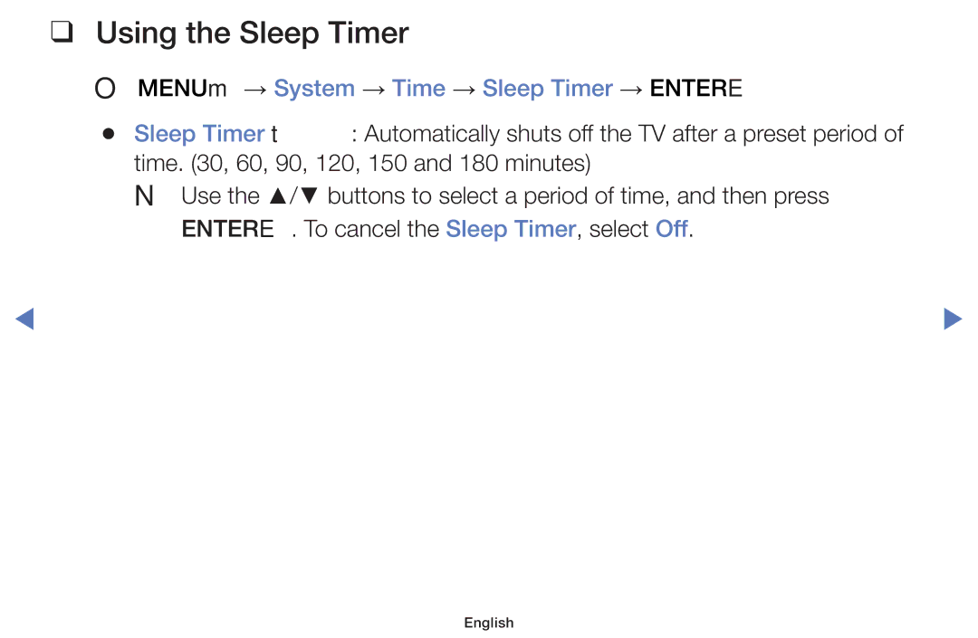 Samsung UA48H5150AKXXV, UA40H5150AKXXV manual Using the Sleep Timer, OO MENUm → System → Time → Sleep Timer → Entere 