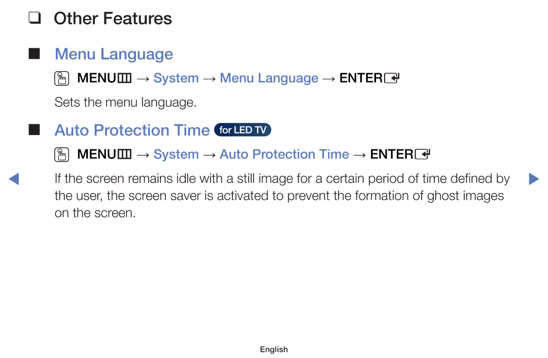 Samsung UA32H4100AKXXV, UA40H5150AKXXV, UA32H4100ARXXV Auto Protection Time, OO MENUm → System → Menu Language → Entere 