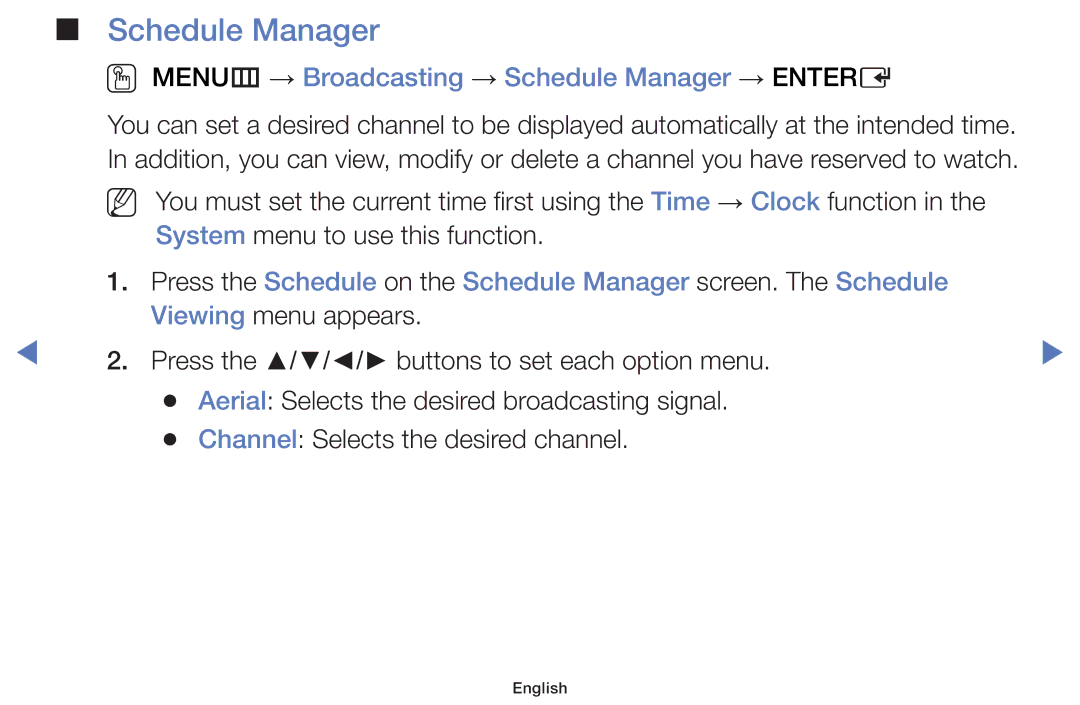 Samsung UA32H4100AWXSQ, UA40H5150AKXXV, UA32H4100AKXXV manual OO MENUm → Broadcasting → Schedule Manager → Entere 