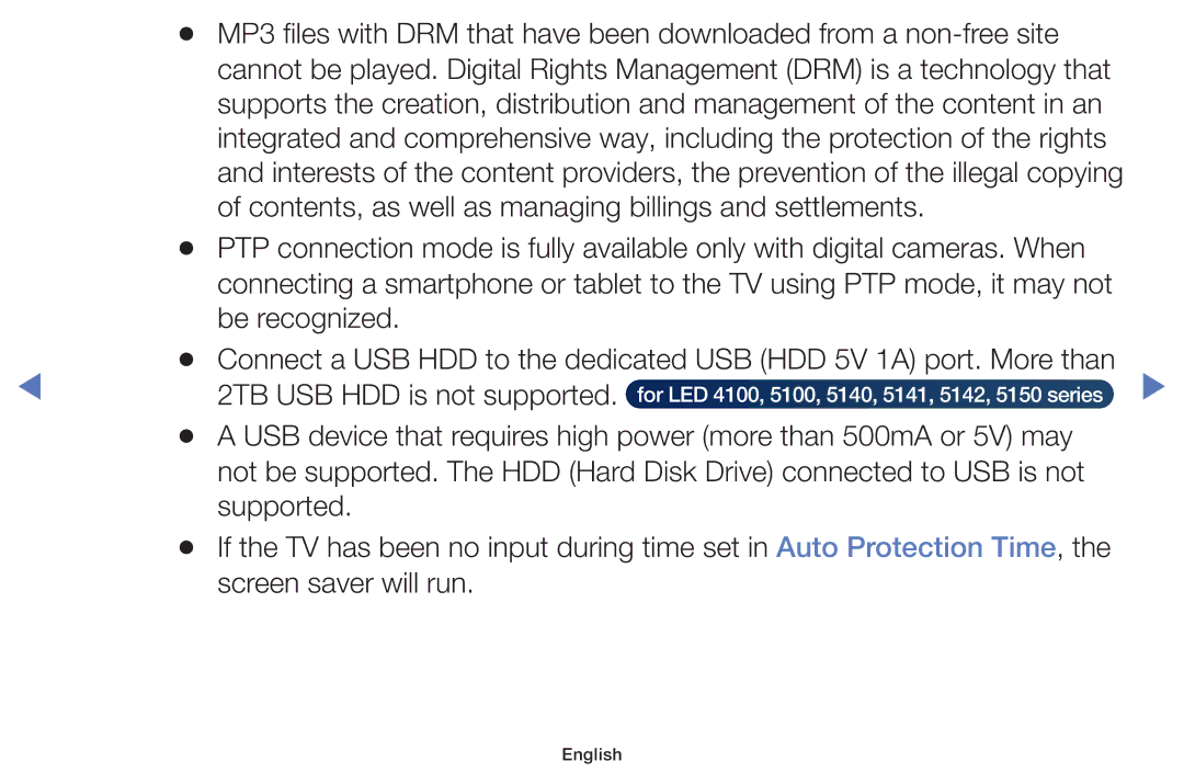 Samsung UA32H4100ARXXV, UA40H5150AKXXV, UA32H4100AKXXV, UA48H5100AKXXV, UA48H5150AKXXV manual 2TB USB HDD is not supported 