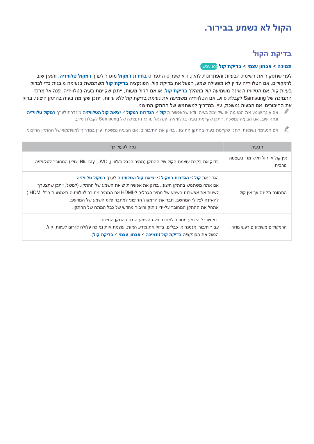 Samsung UA32H4303AWXSQ, UA40H5303AWXSQ manual רוריבב עמשנ אל לוקה, לוקה תקידב, וישכע וסנ לוק תקידב ימצע ןוחבא הכימת 