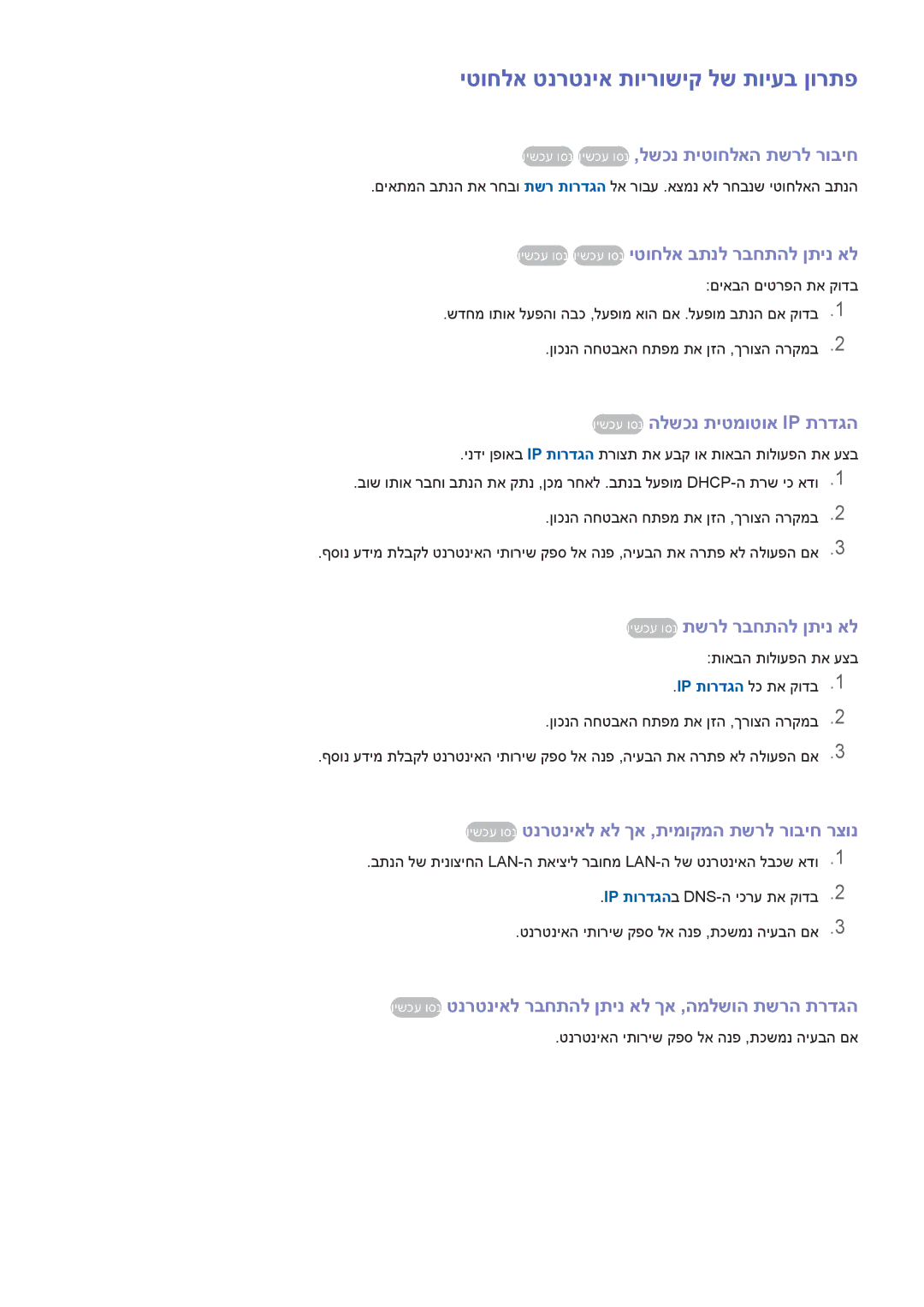 Samsung UA40H5303AWXSQ manual יטוחלא טנרטניא תוירושיק לש תויעב ןורתפ, וישכע וסנ וישכע וסנ ,לשכנ תיטוחלאה תשרל רוביח 