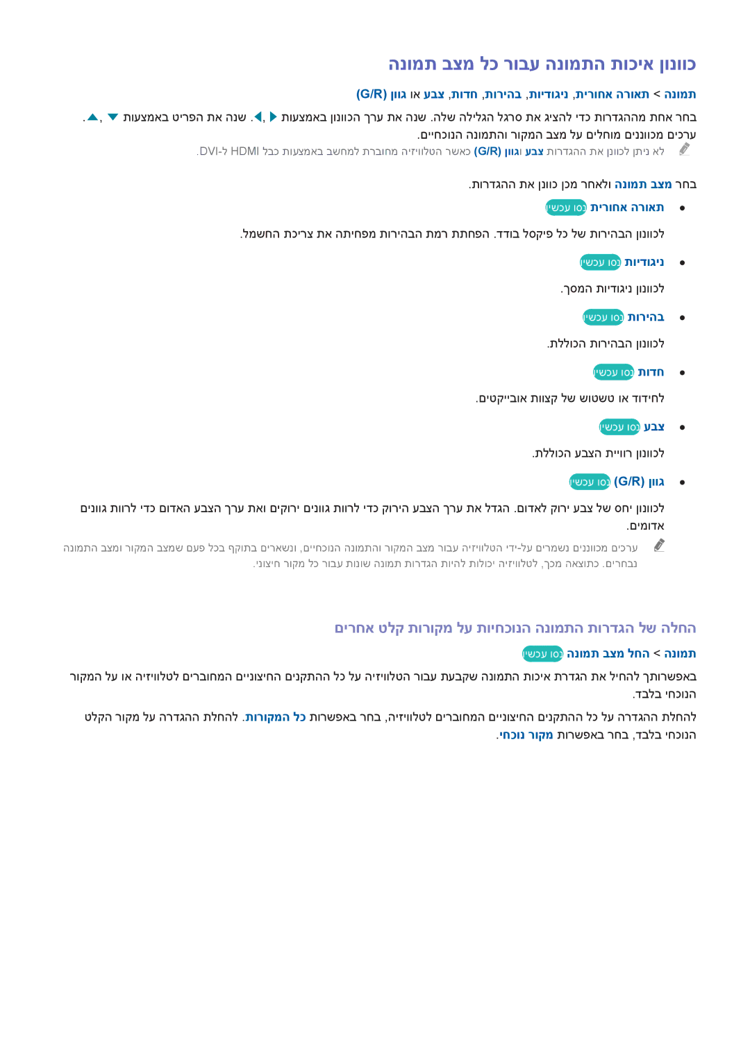 Samsung UA32H4303AWXSQ manual הנומת בצמ לכ רובע הנומתה תוכיא ןונווכ, םירחא טלק תורוקמ לע תויחכונה הנומתה תורדגה לש הלחה 