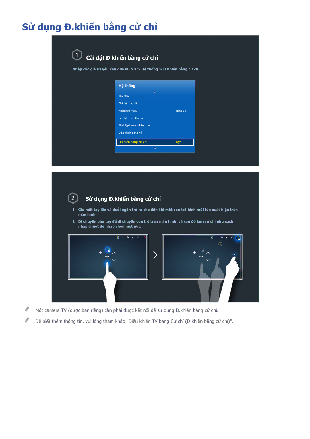 Samsung UA75H6400AKXXV, UA40H5552AKXXV, UA48H6300AKXXV manual Sử dụng Đ.khiển bằng cử chỉ, Cài đặt Đ.khiển bằng cử chỉ 