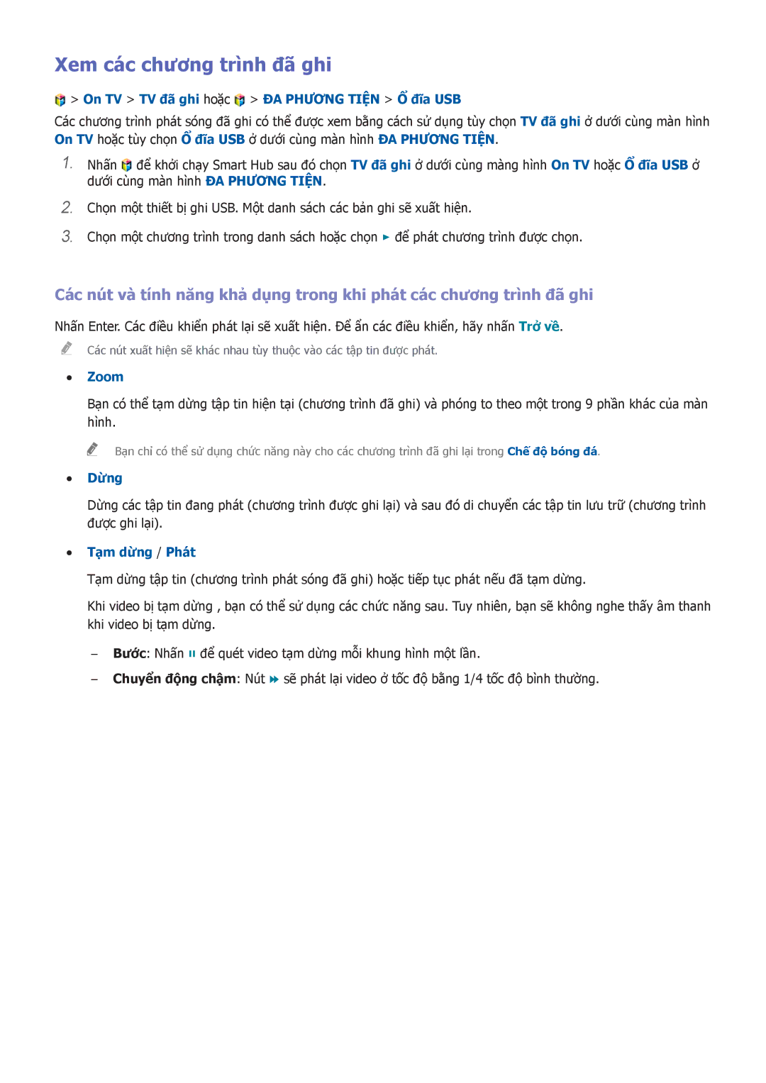 Samsung UA32H5552AKXXV manual Xem các chương trình đã ghi, On TV TV đã ghi hoặc ĐA Phương Tiện Ổ đĩa USB, Zoom, Dừng 