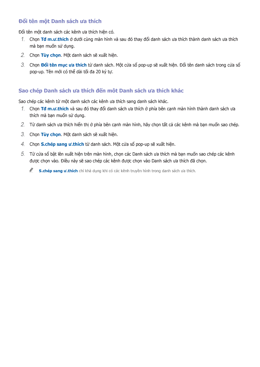 Samsung UA75H6400AKXXV manual Đổi tên một Danh sach ưa thich, Sao ché́p Danh sach ưa thich đến môt Danh sach ưa thich khác 