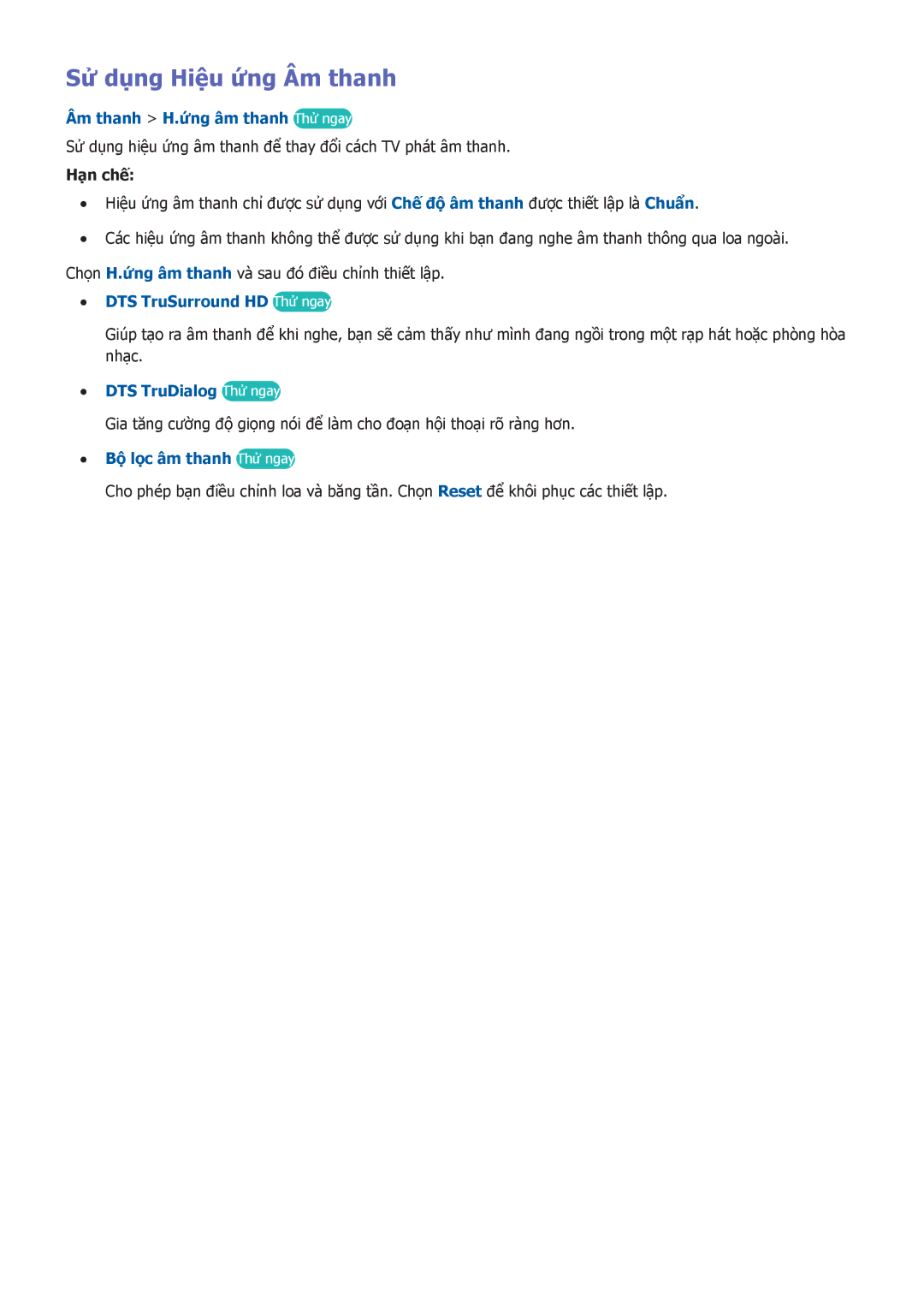 Samsung UA40H6300AKXXV manual Sử dụng Hiệu ứng Âm thanh, Âm thanh H.ứng âm thanh Thử ngay, DTS TruSurround HD Thử ngay 