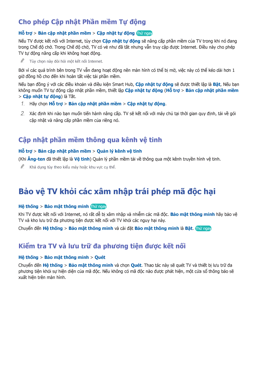 Samsung UA48H5500AKXXV manual Bảo vệ TV khỏi các xâm nhập trái phé́p mã độc hại, Cho phé́p Cập nhật Phần mềm Tự động 