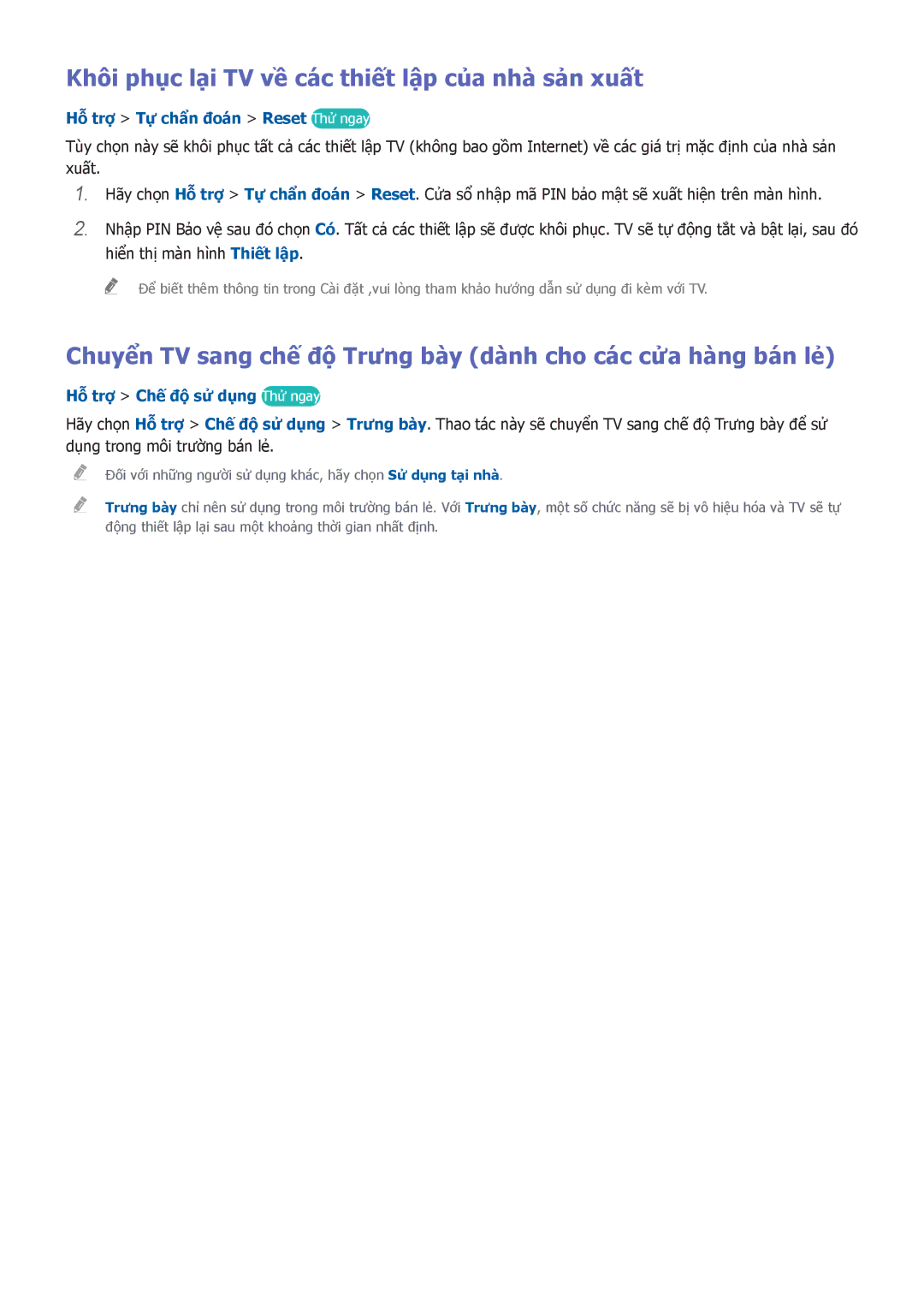 Samsung UA40H6300AKXXV manual Khôi phục lại TV về các thiết lập của nhà sản xuất, Hỗ trơ Tự chẩn đoán Reset Thử ngay 