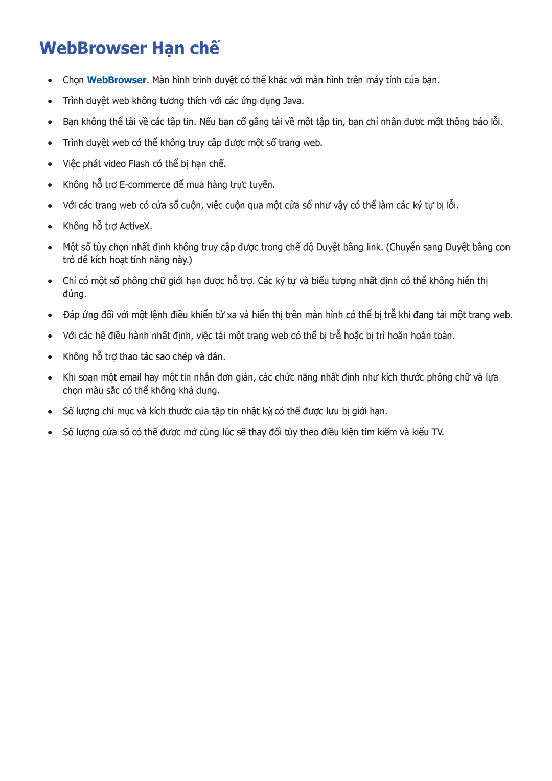 Samsung UA40H5562AKXXV, UA40H5552AKXXV, UA48H6300AKXXV, UA40H5510AKXXV, UA32H5500AKXXV, UA50HU7000KXXV manual WebBrowser Hạn chế 