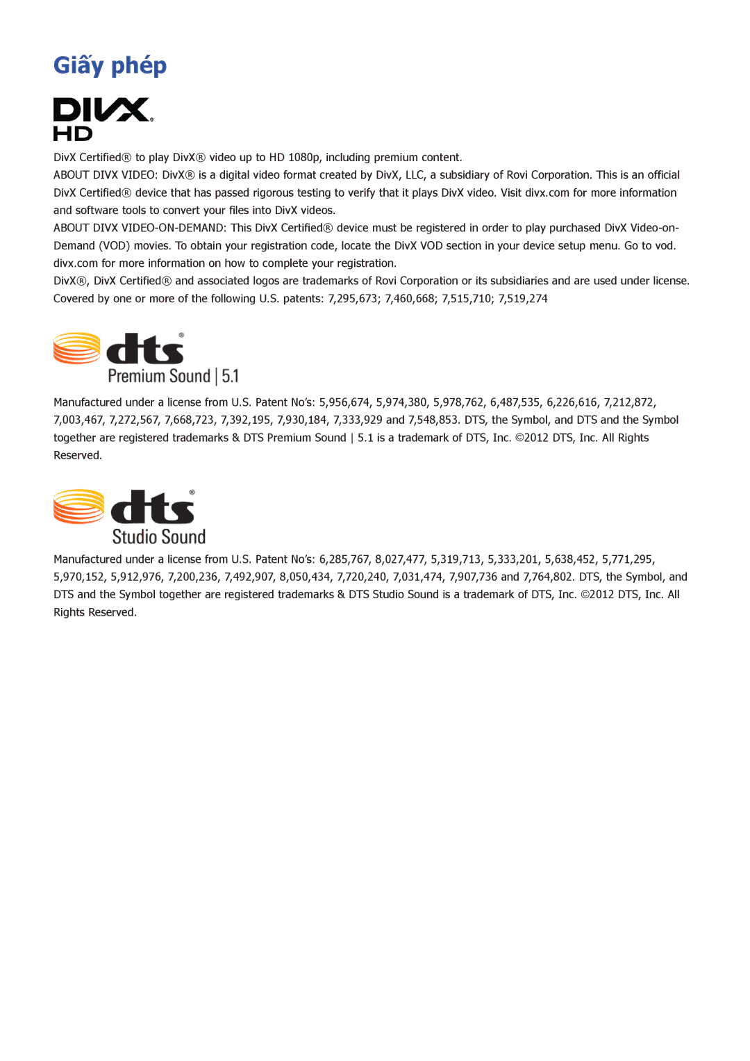 Samsung UA65H7000AKXXV, UA40H5552AKXXV, UA48H6300AKXXV, UA40H5510AKXXV, UA32H5500AKXXV, UA50HU7000KXXV manual Giấy phé́p 