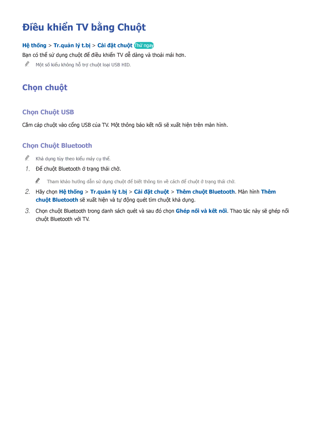 Samsung UA48H5562AKXXV, UA40H5552AKXXV manual Điều khiển TV bằng Chuột, Chọn chuột, Chọn Chuột USB, Chọn Chuột Bluetooth 
