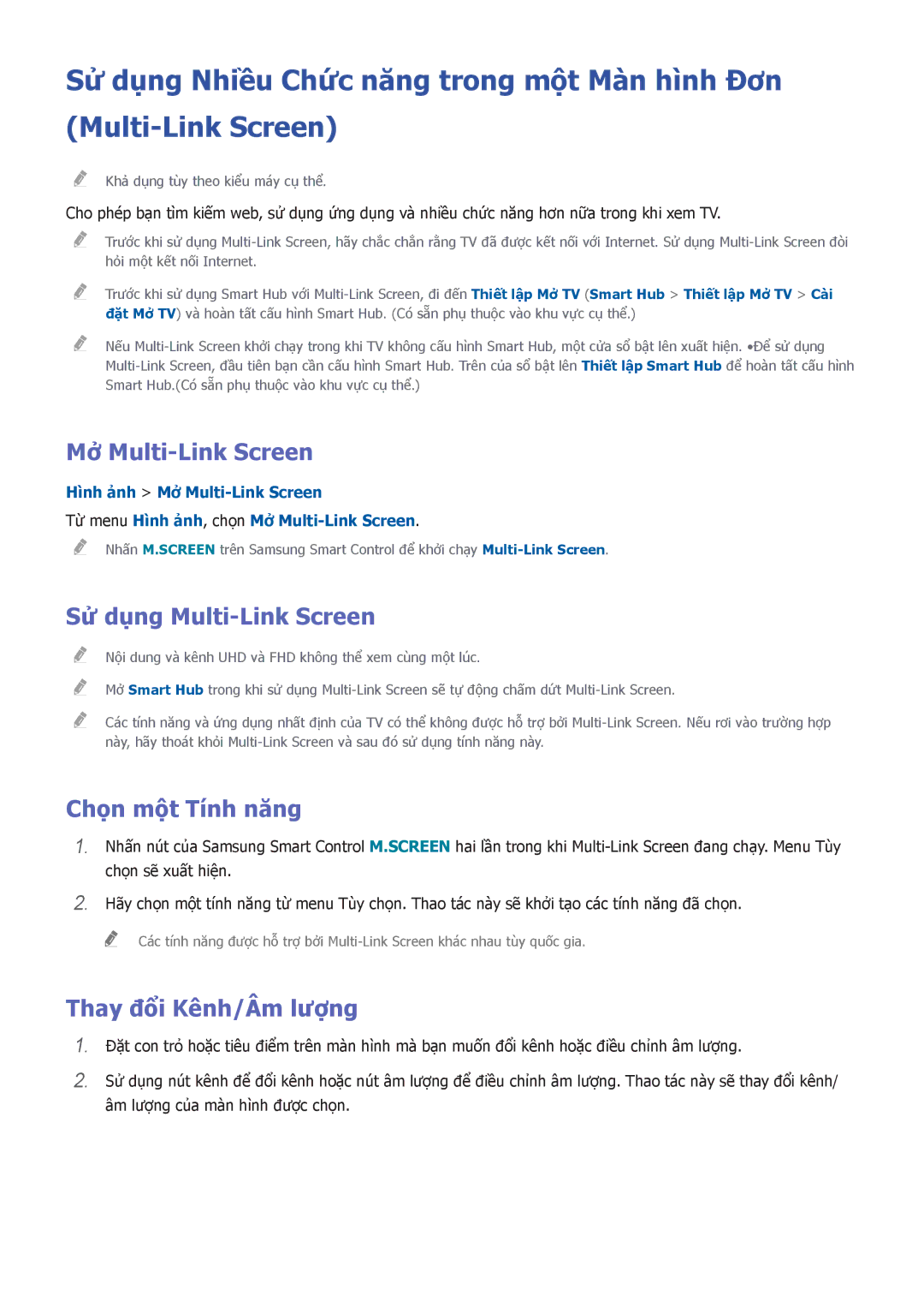 Samsung UA40H5552AKXXV manual Mở Multi-Link Screen, Sử dụng Multi-Link Screen, Chọn một Tính năng, Thay đổi Kênh/Âm lượng 
